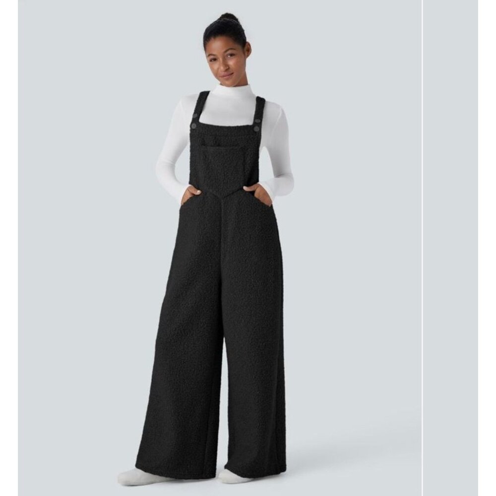 Halara Black Teddy Overalls, Wide Leg Knit Fuzzy Jumper Adjustable Straps, Cozy
